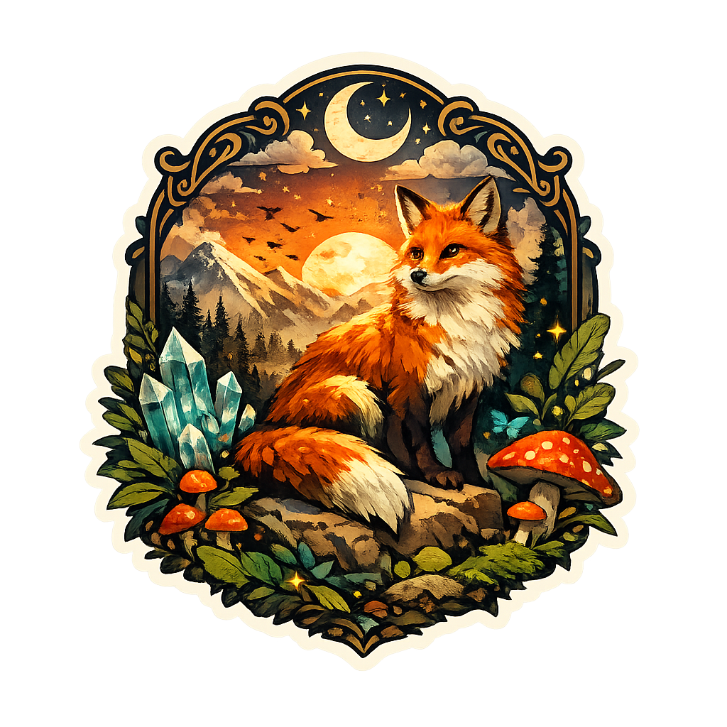 Illustration of a fox in a forest with mountains and celestial elements.