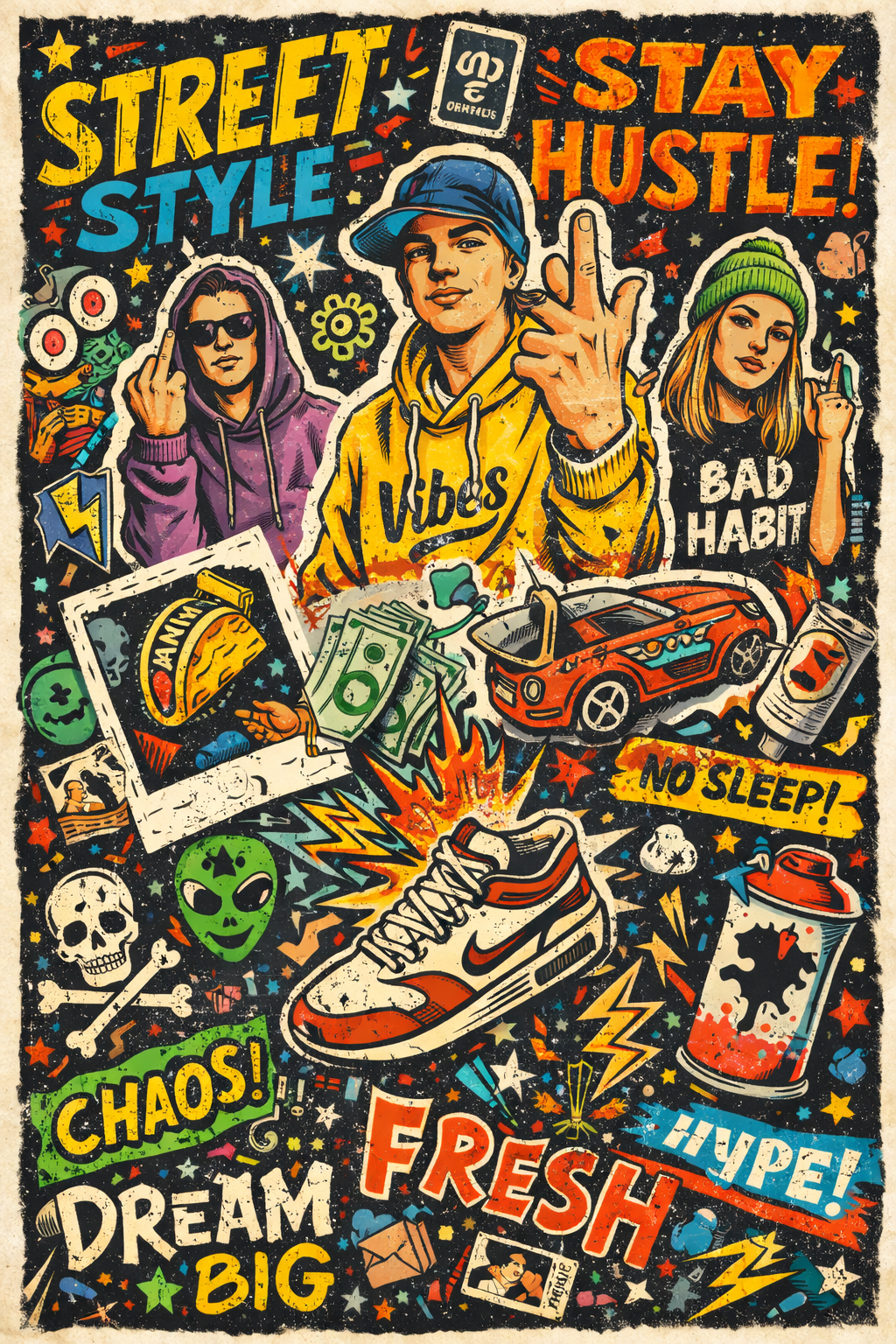 Street Style Stay Hustle Motivational Poster - 24 inch x 36 inch